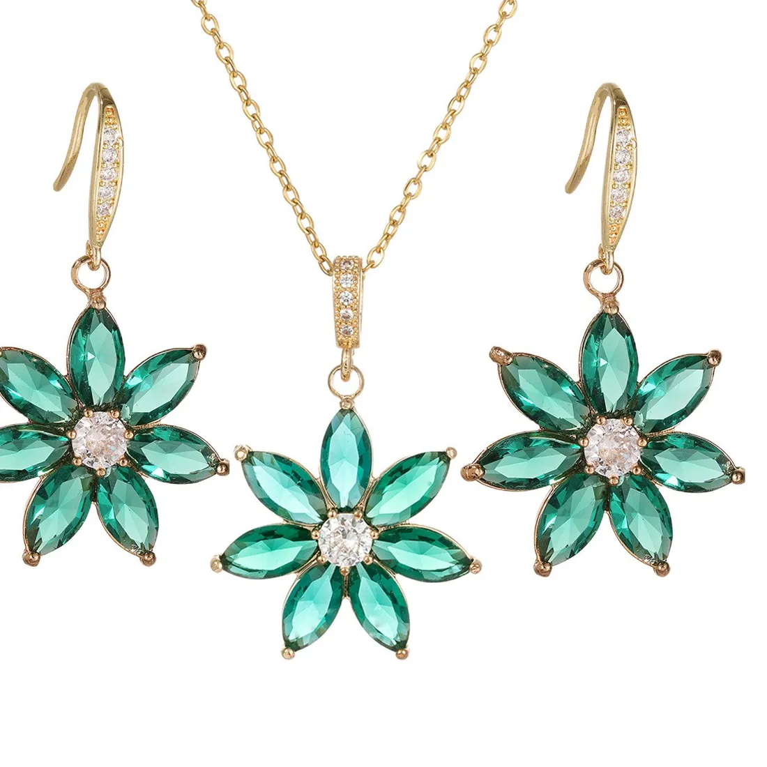 Authentic Gold Plated Green Cubic Zirconia Flower Pendant Necklace Earrings Jewelry Set