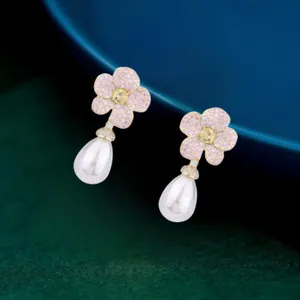 Authentic Gold Plated Pink Cubic Zircon Faux Pearl Flower Teardrop Stud Earrings