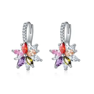 Authentic White Gold Plated Multi-Color Cubic Zirconia Flower Hoop Earrings
