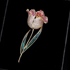 Authentic Elegant Gold Plated Pink Clear Cubic Zirconia Enamel Flower Brooch Pin