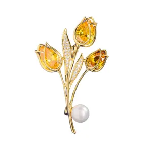 Authentic Women's Gold Plated Yellow Cubic Zirconia Tulip Flower Brooch Pin