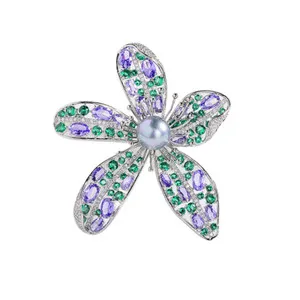 Authentic Women's White Gold Plated Purple Green Cubic Zirconia Flower Brooch Pin