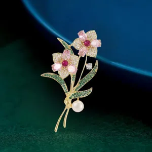 Authentic Gold Plated Multi-Color Cubic Zirconia Freshwater Pearl Flower Brooch Pin