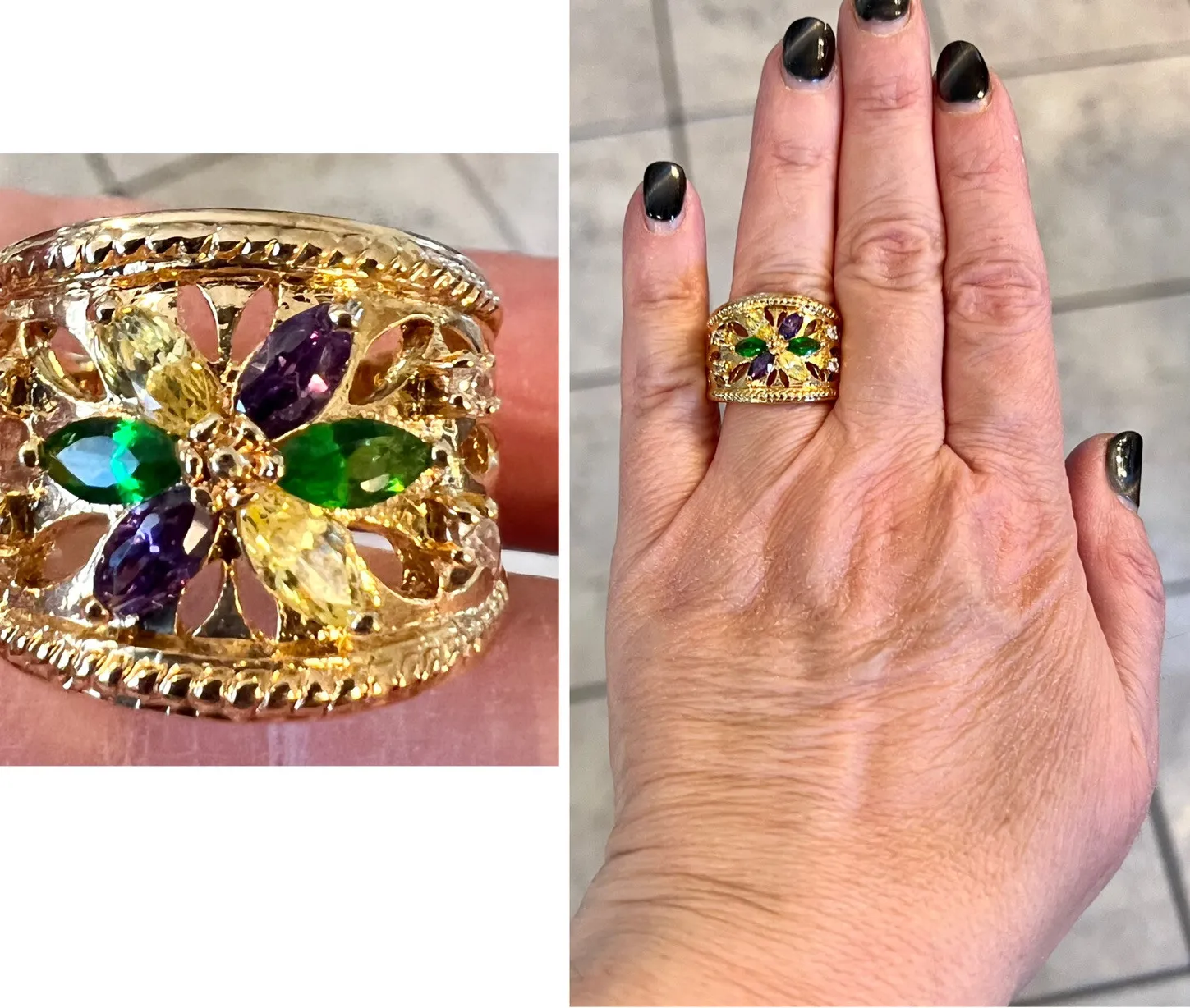 Authentic SETA JEWELRY Multicolor Cubic Zirconia FLOWER Gold Plated Cigar Band Ring Sz 8