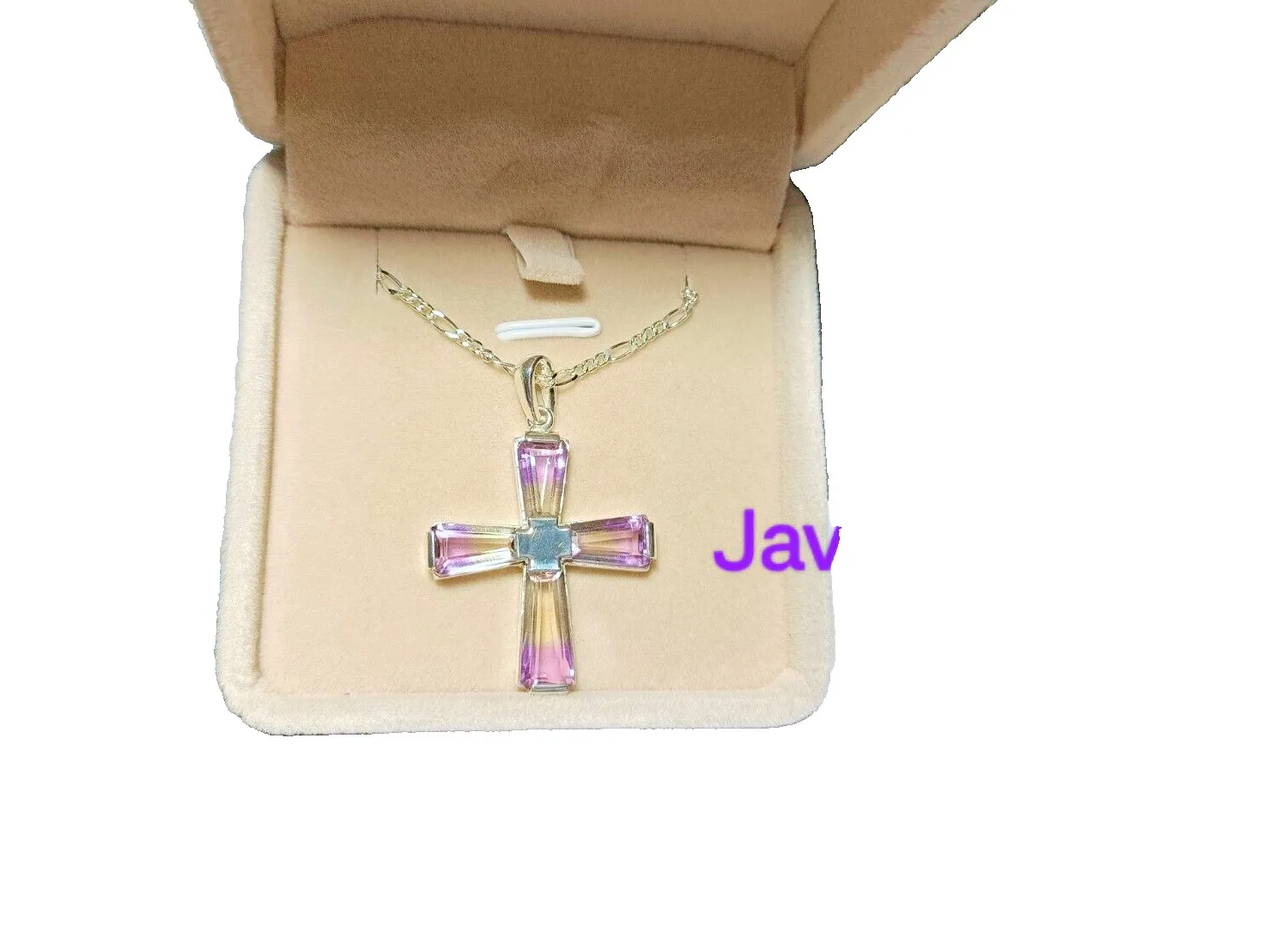 Authentic AMETRINE BOLIVIANITA NATURAL PENDANT NECKLACE GEM NECKLACE GOLD PLATED 14k CROSS