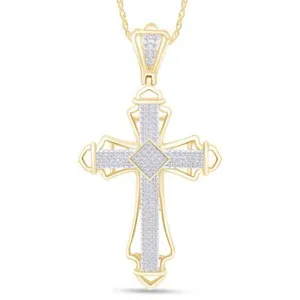 Authentic 1/2 Cttw. Mens Real Diamond Designer Cross Pendant 14K Gold Plated Sterling