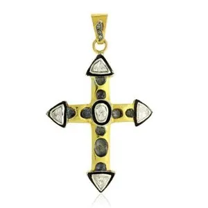 Authentic 0.72ct Rose Cut Diamond Gold Plated Cross Pendant 925 Sterling Silver