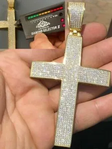 Authentic Iced 7ct Moissanite Huge 14k Gold Plated Cross Pendant Men's Pass Diamond Test