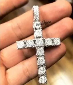 Authentic Real Moissanite Men's Floral Cross Pendant White Gold Plated Silver Free Rope