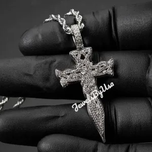 Authentic White Gold Plated Silver Men's 3Ct Icey Cross Pendant with Rope Chain Moissanite