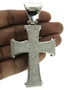 Authentic 3ct Simulated Diamond mens Huge Cross Pendant Free Stud White Gold Plated Silver