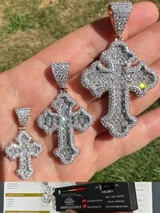 Authentic MOISSANITE Gothic Cross Pendant Baguette Necklace Rose Gold Plated 925 Silver