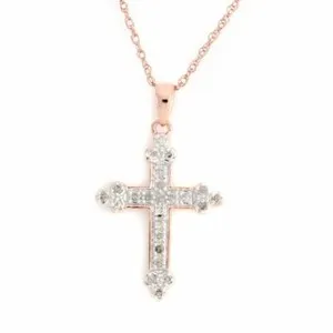 Authentic 1/4Ct 18K Gold Plated White Real Diamond Sterling Cross Pendant w/18"Chain