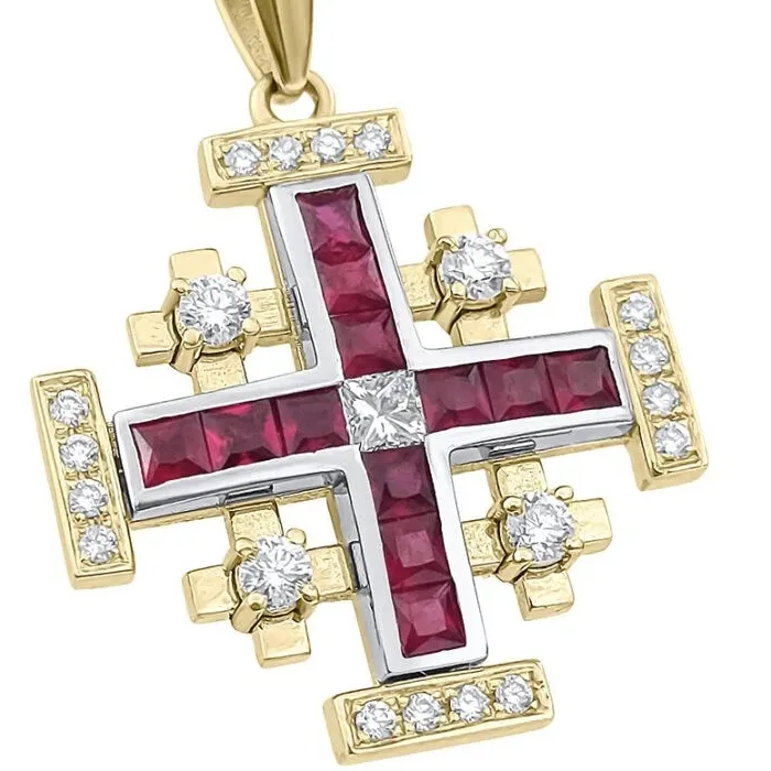 Authentic 14K Yellow Gold Plated Princess Lab Created Ruby & Diamond Men's Cross Pendant