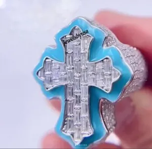 Authentic 3.26Ct Cross Charm Enamel Ring Real Baguette Moissanite White Gold Plated Silver