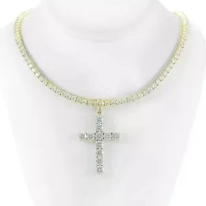 Authentic 15Ct Round Cut lab Created Diamond Cross Tennis Necklace 14k Yellow Gold Plated