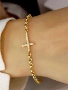 Authentic Womens Cross Charm Bracelet 1Ct Round Cut VVS1 Moissanite 14K Yellow Gold Plated