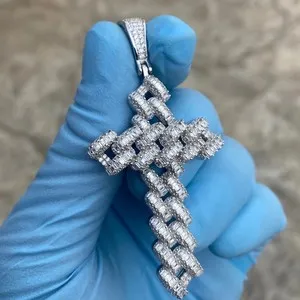 Authentic 4TCW Baguette Lab Created Diamond Cuban Link Cross Pendant 14k White Gold Plated