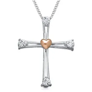 Authentic Sterling Silver & 14K Rose Gold Plated Natural Diamond Cross Pendant With Chain