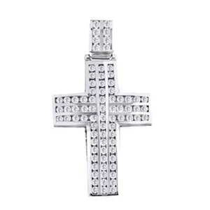 Authentic 14K WHITE GOLD Plated 1.66 CT ROUND Cut Simulated Diamond MEN'S CROSS PENDANT