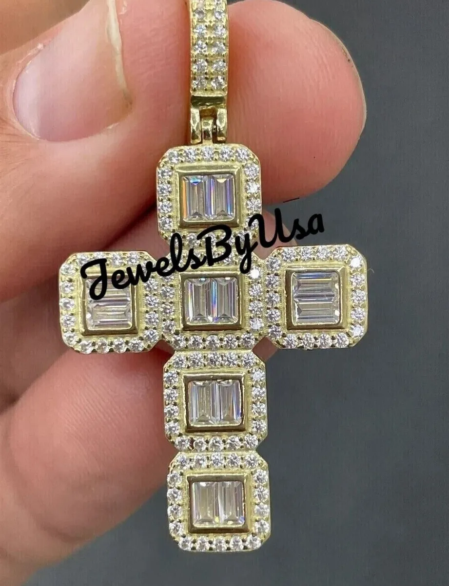 Authentic Men's Real Baguette Moissanite Cross Charm Pendant 3CT Yellow Gold Plated Silver