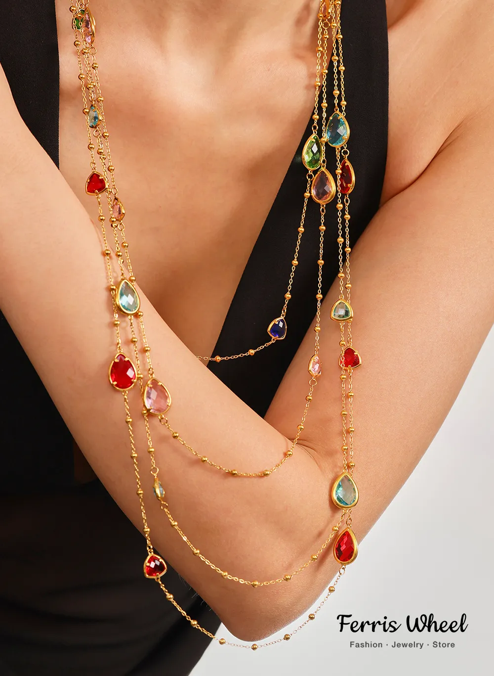 Authentic Colorful Waterdrop Stainless Steel Necklace for Women Luxury Czech Glass Gold Plated Cuff Open Bangle Charm Jewelry