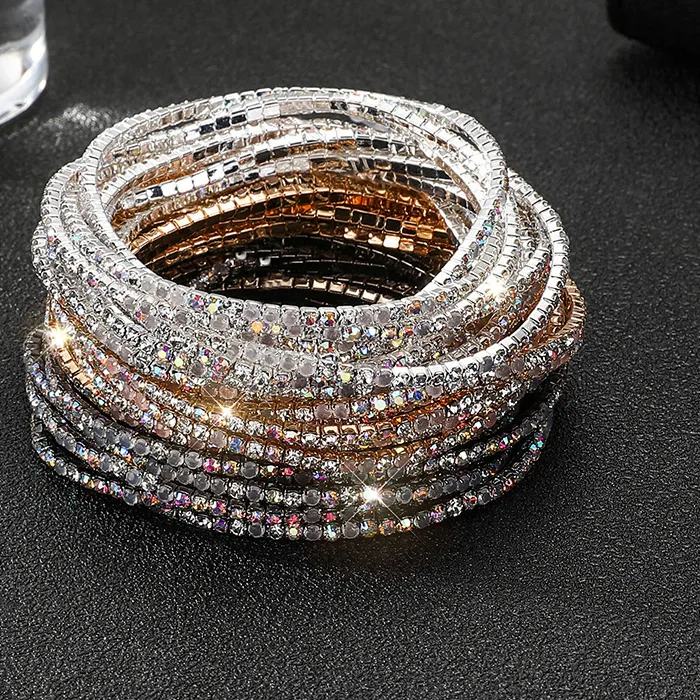 Authentic 5Pcs/Lot Elastic Crystal Bracelets 2mm Charming Gold Color Crystal Rhinestones Metal Bangle Bracelet Jewelry DIY Gift