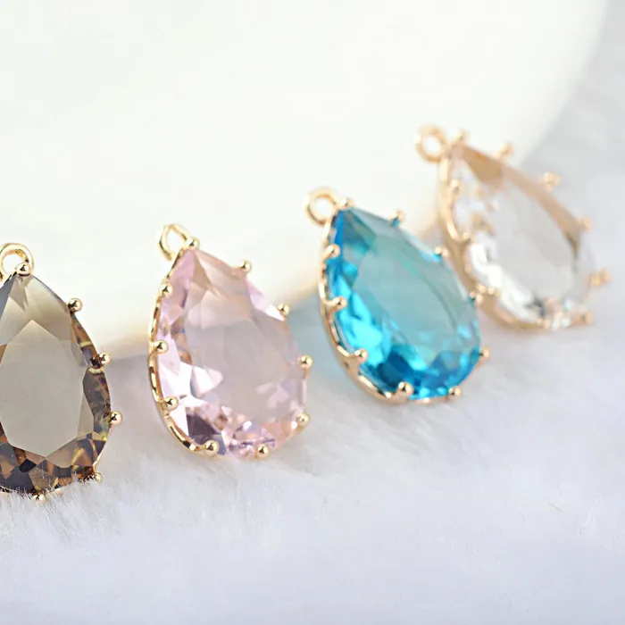 Authentic (922)6PCS 22x14MM 24K Champagne Gold Color Brass and Glass Tear Drop Shape Colourful Glass Beads Charms Pendants Findings