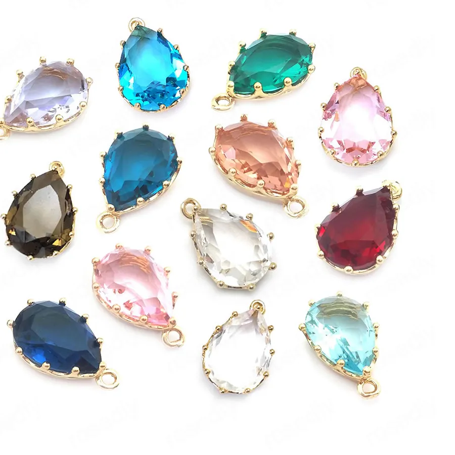 Authentic 6PCS 18x11MM 22x14MM High Quality Champagne Gold Color Brass and Glass Tear Drop Shape Colourful Glass Beads Charms Pendants