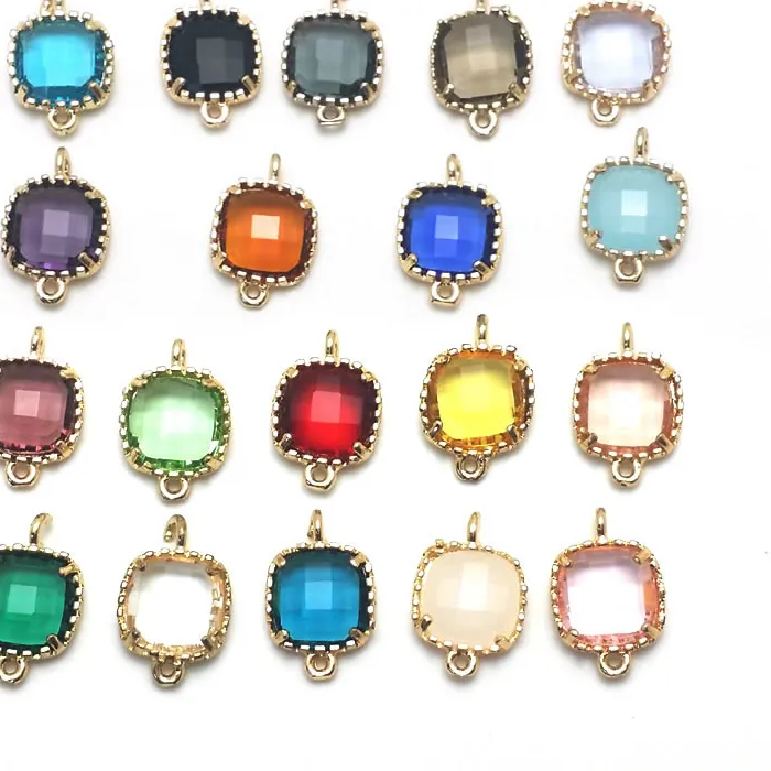 Authentic 10PCS 9x14MM High Quality Champagne Gold Color Brass and Glass Square 2 Holes Connect Charms Pendants Diy Jewelry Accessories