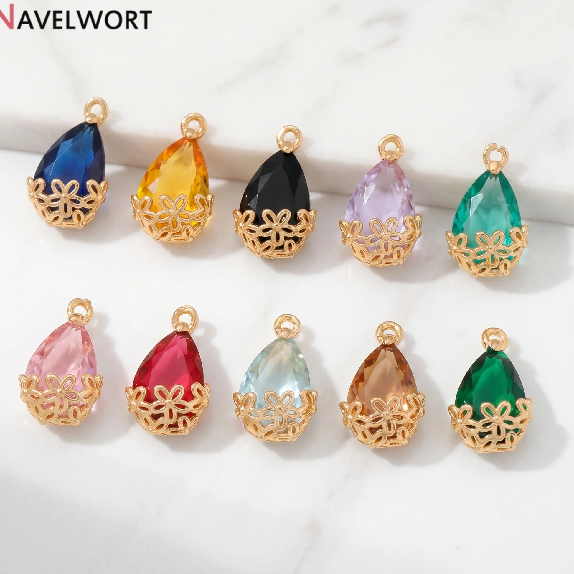 Authentic 18K Gold Plated Brass With Glass Teardrop Pendant Crystal Glass Droplet Charms Pendant,For Bracelet DIY Jewelry Materials