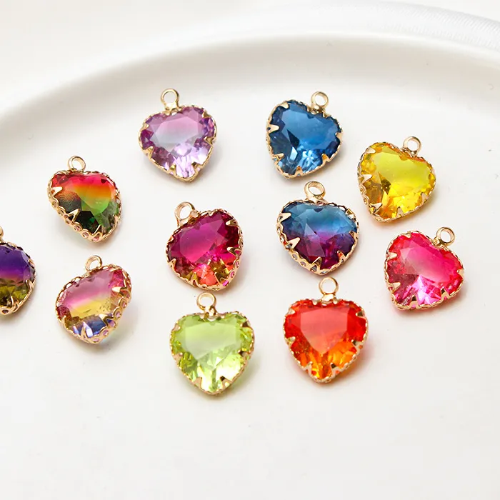 Authentic 1pcs Diy Accessories Copper Edging Glass Crystal Gradient Heart Pendant Gold-plate Antique Earrings Material Handmade Charms