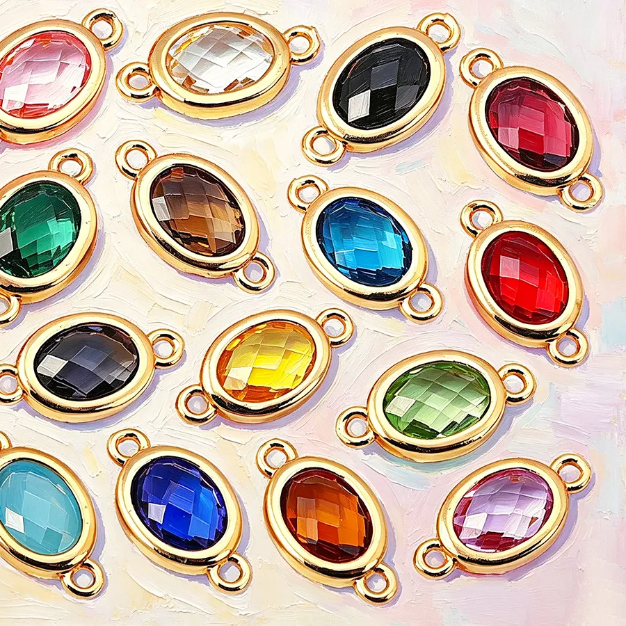 Authentic 18K Gold Color Brass and Glass 2 Holes Oval Connect Charms Pendants Jewelry Making Necklace Earrings Diy Accessories