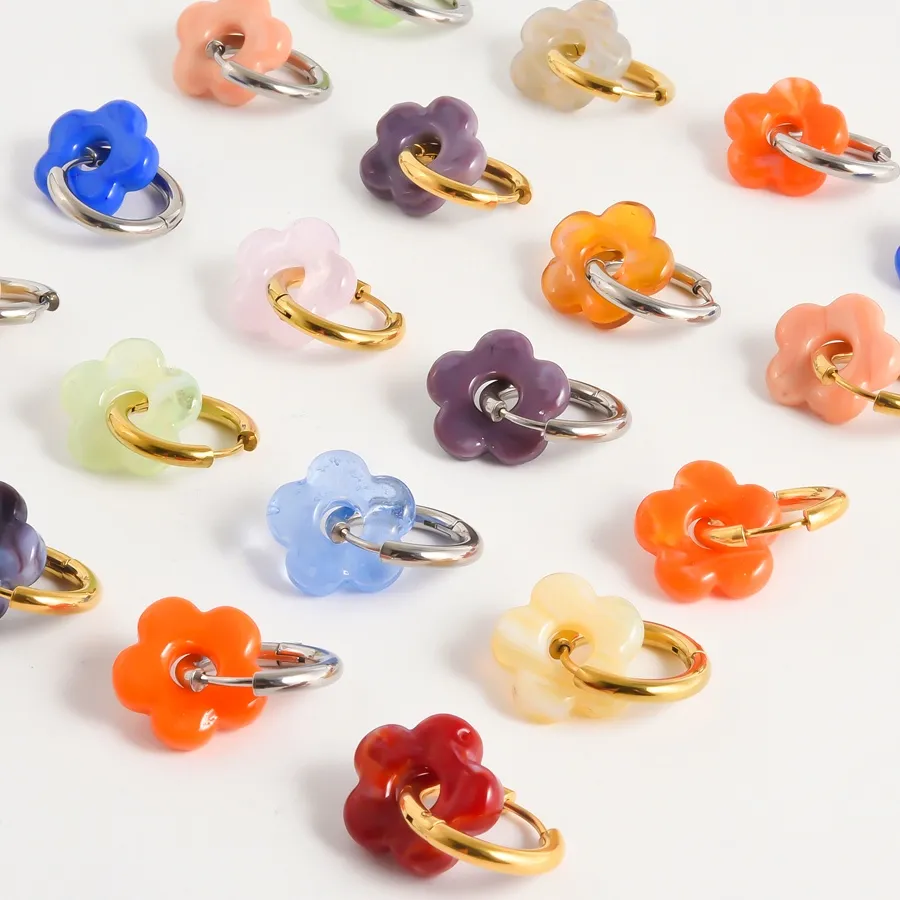 Authentic Colorful Flower Glass Drop Charms Earring Gold Color Circle Ear Buckle Hoops Stainless Steel Earrings Fashion Jewelry for Women