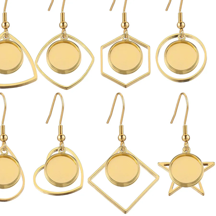 Authentic 10pcs/Lot Gold Plated Stainless Steel Earrings Hook Cabochon Blank Base 12mm Glass Resin Tray DIY Jewelry Making Supplies Charms