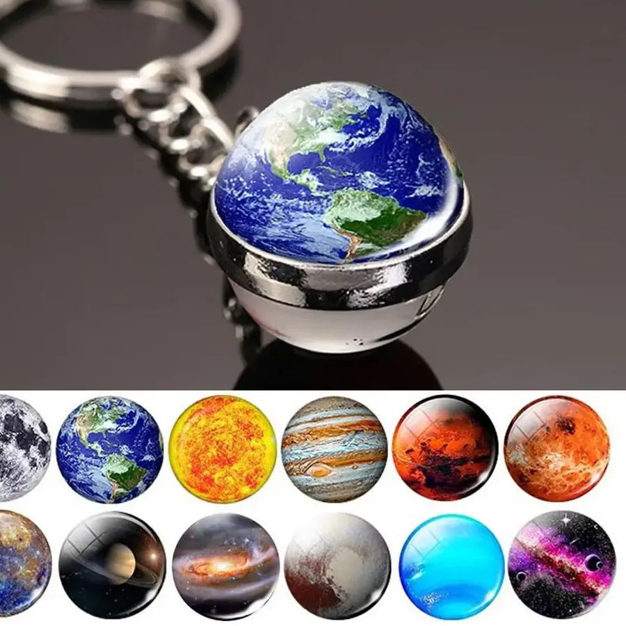 Authentic Galaxy Planet Luminous Keychain Solar System Art Picture Double Side Glass Ball Charms Moon Earth Astronomy Lovers Souvenirs