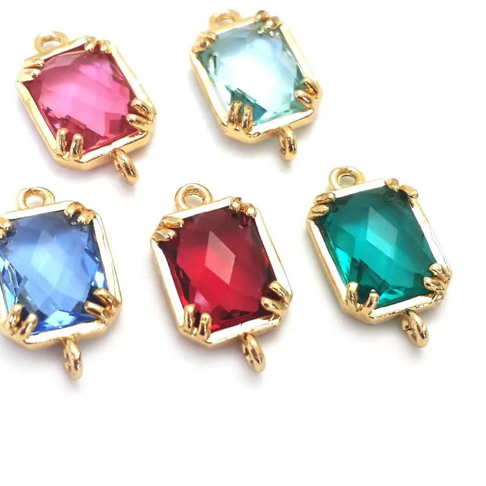 Authentic 10PCS 9x16MM High Quality 18K Gold Color Brass and Glass 2 Holes Rectangle Connect Charms Pendants Diy Jewelry Accessories
