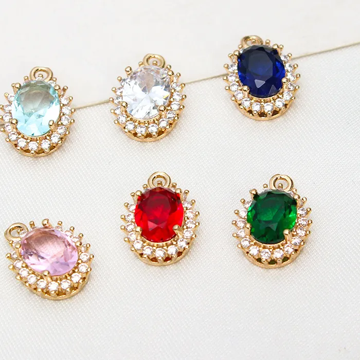 Authentic 1pcs Copper Edging Glass Crystal Micro-set Zircon Oval Pendant Diy Earring Necklace Antique Material Handmade Charms