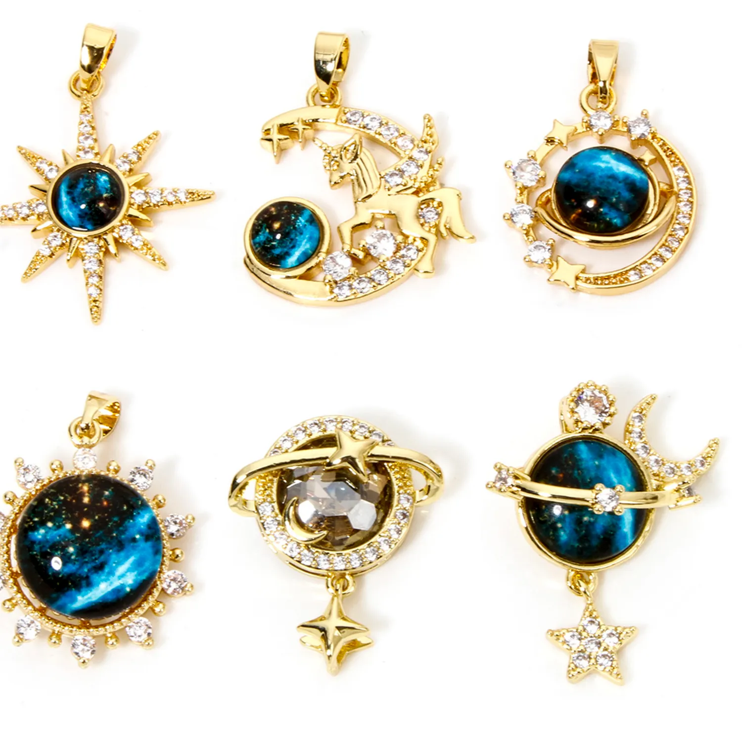 Authentic 1pc Brass Charms Gold Color Galaxy Sun Moon Multicolor Glass Cabochons Pendant DIY Necklace For Women Party Jewelry Findings