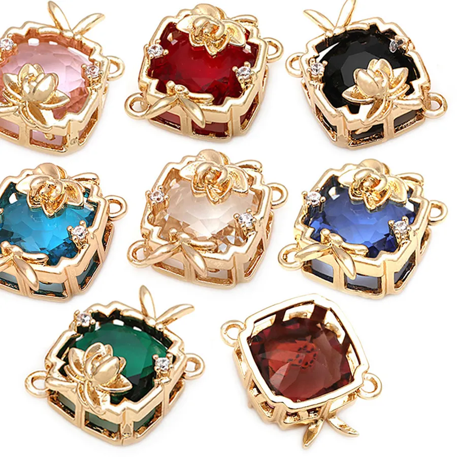 Authentic 6PCS 18K Gold Color Brass Zircon Glass 2 Holes Square Flower Connect Charms Pendants High Quality Necklace Earrings Diy Jewelry