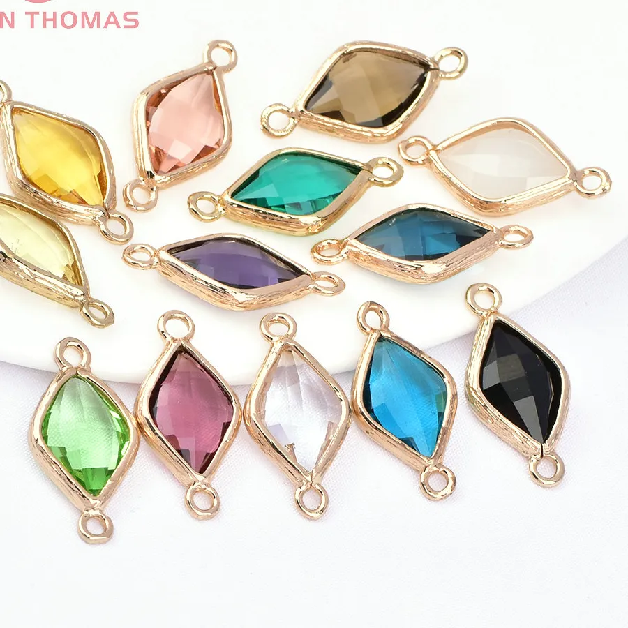 Authentic (1726) 10PCS 23x11MM 24K Champagne Gold Color Brass and Glass 2 Holes Rhombus Shape Connect Charms Pendants  Jewelry Accessorie
