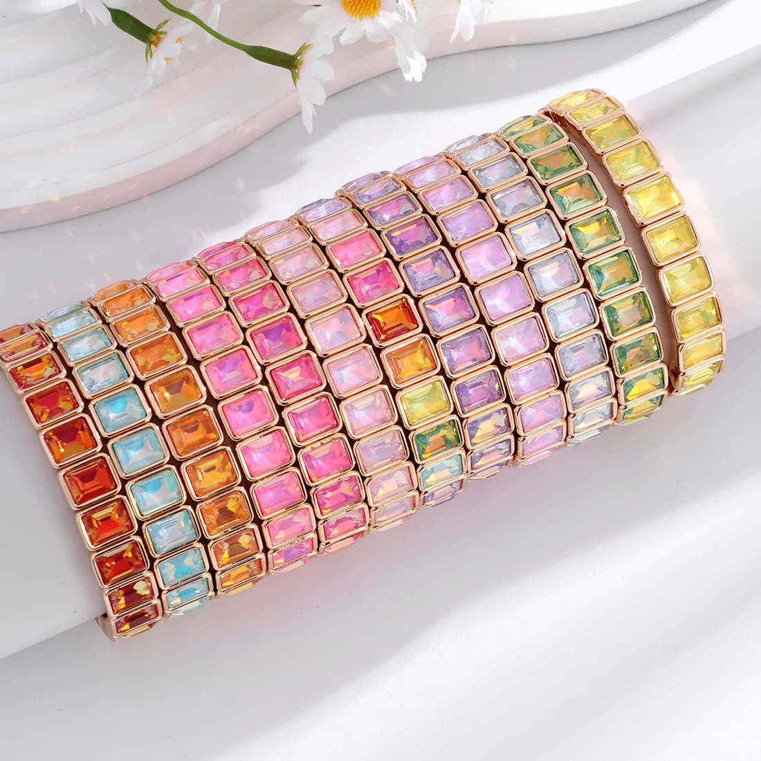 Authentic New Arrivals Geometric Bohemian Rainbow Glass Crystal Stretchy Stretch Tennis Bracelet Fashion Gold Plated Jewelry For Women