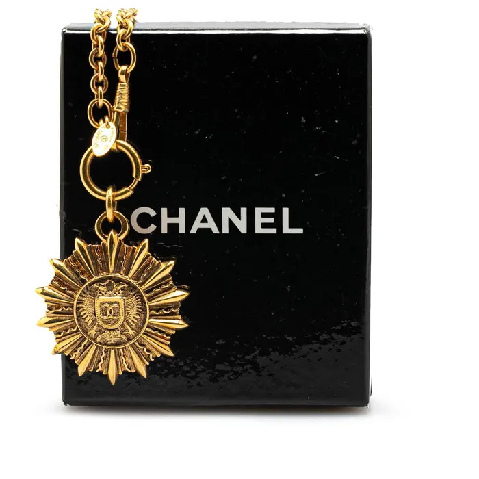 Authentic Chanel Coco Mark Emblem Sun Motif Necklace Gold Plated Women's Accessories