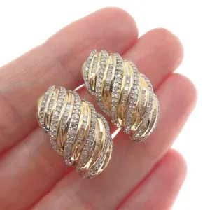 Authentic SUN 925 Sterling Silver Gold Plated Real White Diamond Wavy Omega Back Earrings