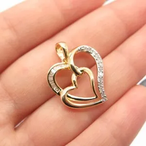 Authentic 925 Sterling Silver Gold Plated SUN Real White Diamond Open Double Heart Pendant