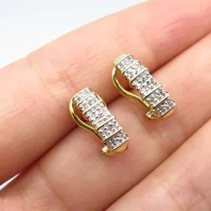 Authentic 925 Sterling Silver Gold Plated SUN Real White Diamond Omega Back Earrings