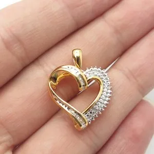 Authentic SUN 925 Sterling Silver Gold Plated Real White Diamond Open Heart Pendant