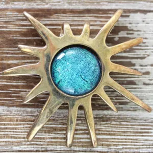 Authentic VINTAGE BLUE ART GLASS SUN STERLING SILVER 925 PENDANT SOUTHWEST GOLD PLATED