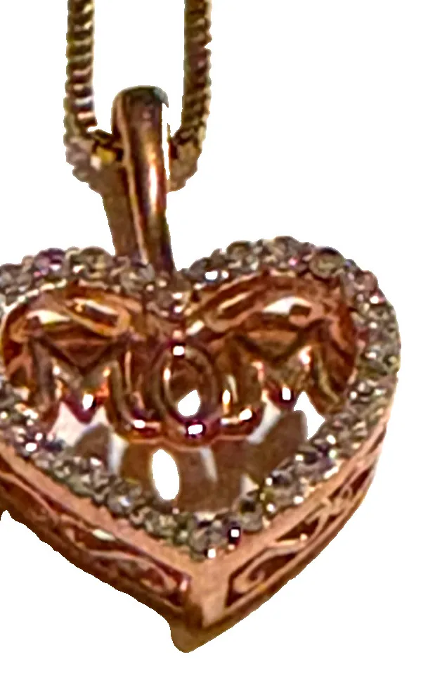 Authentic Wow! SUN 925 Sterling Rose Gold Plated Crystals Mom HEART PENDANT NECKLACE!