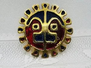 Authentic Vintage Gold Plated Blue Red Enamel Aztec Mayan Sun Face Large Buckle